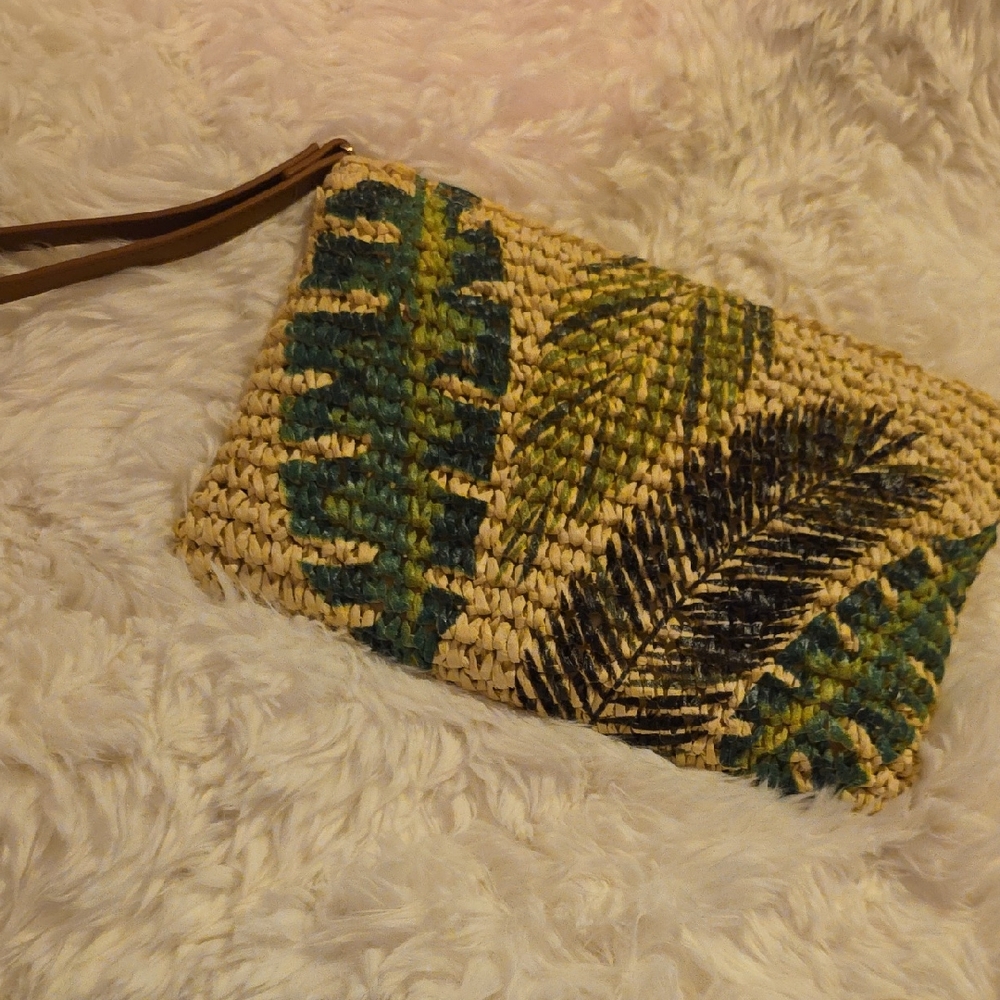 INC International Concepts Woven Leaf Clutch - Green, Black, Tan